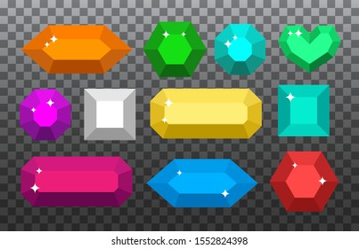 Vector shine colorful diamond set isolated on transparent background.  Jewelry gems collection. Fantasy stones for game. 