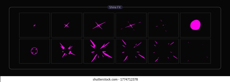 Vector shine FX. Shine effect sprite sheet for game, cartoon, animation and motion design. Colorful 2D classic shine light FX. EPS10 Vector illustration.