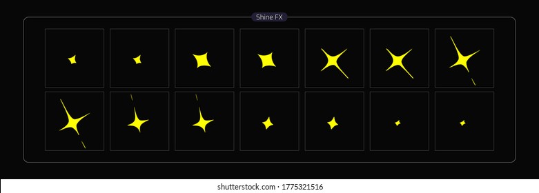Vector shine FX. Shine effect sprite sheet for game, cartoon, animation and motion design. Colorful 2D classic shine light FX. EPS10 Vector illustration.