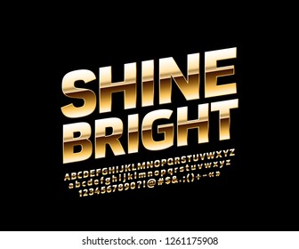 Vektorschine Goldene Schriftart. Rotierte, helle Alphabet-Buchstaben, Zahlen und Symbole.