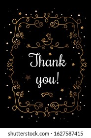 Vector shine template illustration with golden curly frame and inscription thank you on black background with heart and bird. Thin line art style design for romantic greeting card, wedding invitation