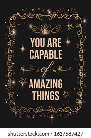 Vector shine template illustration with golden curly frame and words of wishes on black background with star and crown. Thin line art style royal design for romantic greeting card, wedding invitation