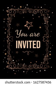 Vector shine template illustration with golden curly frame and invitation words on black background with heart and star. Thin line art style design for romantic  greeting card, wedding invitation
