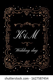 Vector shine template illustration of wedding day invitation with golden elegant frame and first letter of names on black background. Thin line art style design to make a greeting card