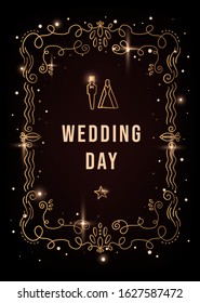 Vector shine template illustration of wedding day invitation with the bride and groom shape and golden elegant frame on black background. Thin line art style celebration design to make a greeting card
