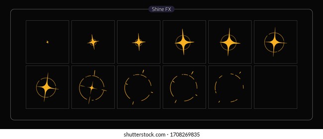 Vector Shine VFX. Shine animation sprite sheet for Video Game, Cartoon, Animation and motion design. 2D Classic Shine light FX. EPS 10 Vector illustration.