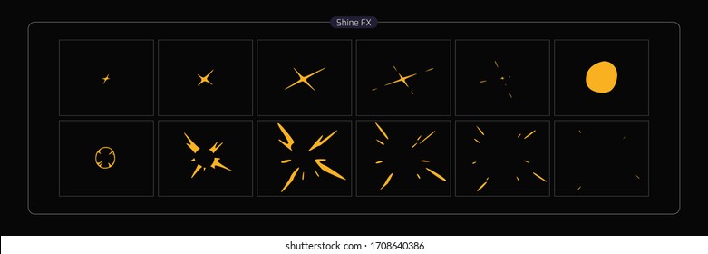 Vector Shine VFX. Shine animation sprite sheet for Video Game, Cartoon, Animation and motion design. 2D Classic Shine light FX. EPS 10 Vector illustration.