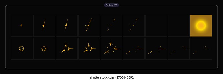 Vector Shine VFX. Shine animation sprite sheet for Video Game, Cartoon, Animation and motion design. 2D Classic Shine light FX. EPS 10 Vector illustration.