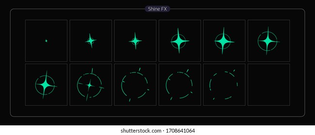 Vector Shine VFX. Shine animation sprite sheet for Video Game, Cartoon, Animation and motion design. 2D Classic Shine light FX. EPS 10 Vector illustration.