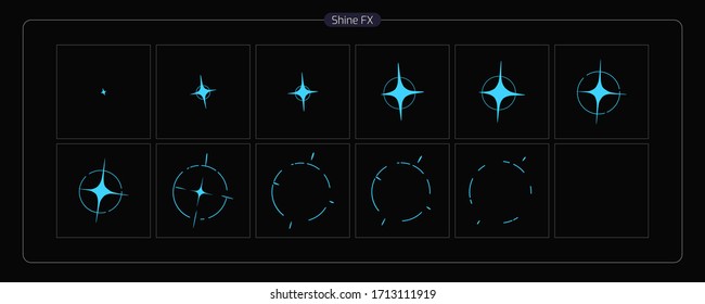 Vector Shine VFX. Shine Effect Sprite Sheet for Video Game, Cartoon, Animation and motion design. Colorful 2D Classic Shine light FX. EPS 10 Vector illustration.