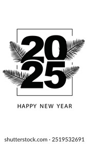 Vector Shining Black Numbers Design for 2024 Happy New Year Creative Card Design. New Year and Christmas Banner Design with Christmas Cypress or Pine Leaves Outline Sketch with Christmas tree branch.