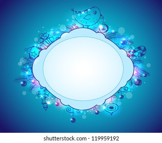 Vector shining blue Christmas background with decorations and gifts