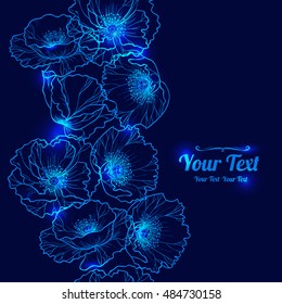 Vector  shining blue poppies flowers vertical frame pattern background . Invitation or greeting card design.Vector illustration
