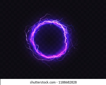 Vector shining circle of purple lighting isolated on dark background. Illuminated violet round frame. Digital effect of glowing, electrical discharge, design decoration. Sparkle, fluorescence.