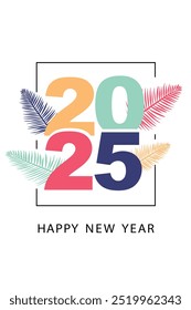 Vector Shining Colorful Numbers Design for 2025 Happy New Year Creative Card Design New Year and Christmas Banner Design with Christmas Cypress or Pine Leaves Outline Sketch with Christmas tree branch