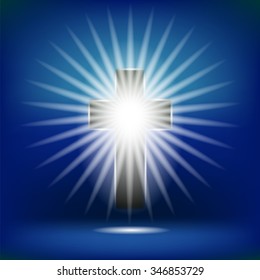 Vector Shining Cross Isolated on Soft Blue Background. Rasiance of Cross