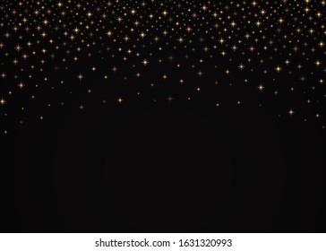 Vector shining falling stars on black background. Luxury design. Border with falling golden star shaped confetti.