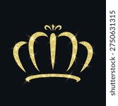 Vector Shining Gold Glitter Crown Icon. Royal Tiara. Luxury Sparkle Crown Emblem on Black. Gold Glitter Crown Icon for Queen and King. Gold Glitter Crown Clipart, Luxury Tiara Logo, Sparkling Jewel