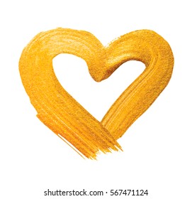 Vector shining gold heart for you amazing design project. Watercolor texture brush strokes isolated on white. Abstract hand painted golden background.