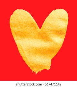 Vector shining gold heart for you amazing design project. Watercolor texture brush strokes isolated on white. Abstract hand painted golden background.