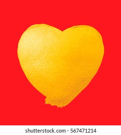 Vector shining gold heart for you amazing design project. Watercolor texture brush strokes isolated on white. Abstract hand painted golden background.