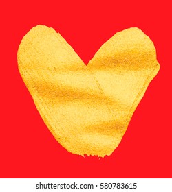 Vector shining gold heart for you amazing design project. Watercolor texture brush strokes isolated on red. Abstract hand painted golden background.