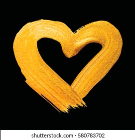 Vector shining gold heart for you amazing design project. Watercolor texture brush strokes isolated on black. Abstract hand painted golden background.