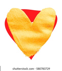 Vector shining gold heart for you amazing design project. Watercolor texture brush strokes isolated on white. Abstract hand painted golden background.