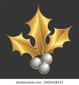 Vector Shining Golden Design Element. Christmas and new year decorative element isolated on transparent background. Xmas design element. Realistic creative holly berry in gold and silver colors.