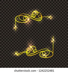 Vector Shining Golden Vintage Frame, Isolated on Dark Transparent Background Calligraphic Swirls.
