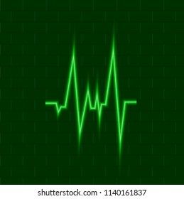 Vector Shining Green Pulse, Medical Cardio Symbol, Neon Icon on Dark Background.