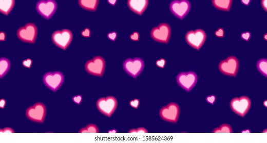 Vector Shining Heart Seamless Pattern, Dark Blue Background and Pink and Violet Love Symbols.
