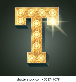 Vector shining light up lamp alphabet in hard font. Letter T