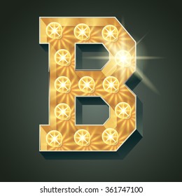 Vector shining light up lamp alphabet in hard font. Letter B
