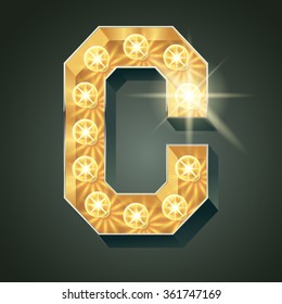 Vector shining light up lamp alphabet in hard font. Letter C