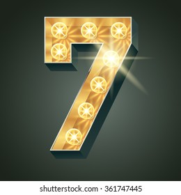 Vector shining light up lamp alphabet in hard font. Number 7