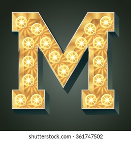 Vector shining light up lamp alphabet in hard font. Letter M