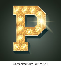 Vector shining light up lamp alphabet in hard font. Letter P