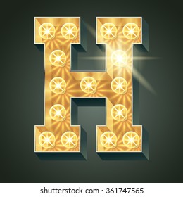 Vector shining light up lamp alphabet in hard font. Letter H