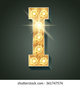 Vector shining light up lamp alphabet in hard font. Letter I