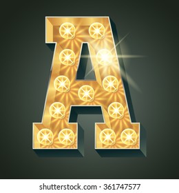 Vector shining light up lamp alphabet in hard font. Letter A