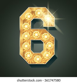 Vector shining light up lamp alphabet in hard font. Number 6