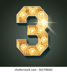 Vector shining light up lamp alphabet in hard font. Number 3