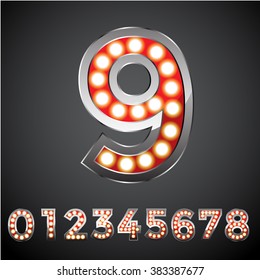 Vector shining light up lamp alphabet in hard font Number set