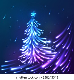 Vector shining lights blue neon christmas tree