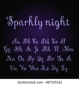Vector shining luxury beautiful calligraphic purple alphabet font set of glittering sparkles. Vector illustration. EPS 10