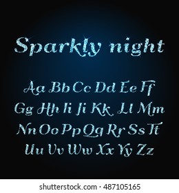 Vector shining luxury beautiful calligraphic blue alphabet font set of glittering sparkles. Vector illustration. EPS 10