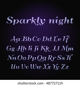 Vector shining luxury beautiful calligraphic purple alphabet font set of glittering sparkles. Vector illustration. EPS 10
