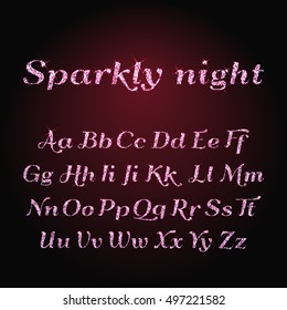 Vector Shining Luxury Beautiful Calligraphic Pink, Red And Purple Alphabet Font Set Of Glittering Sparkles. Sparkle, Glitter, Rhinestone Alphabet Letters. Glitter Font. Vector Illustration. EPS 10