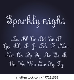 Vector Shining Luxury Beautiful Calligraphic Silver And Snow Alphabet Font Set Of Glittering Sparkles. Glitter Font. Silver Sparkle, Glitter, Rhinestone Alphabet Letters. Vector Illustration. EPS 10